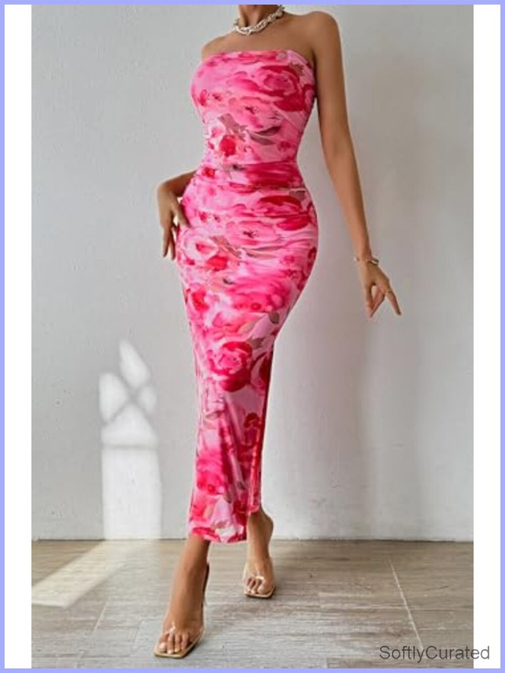 Strapless Bodycon Floral Maxi Dress with Slit, Ruched, Stretchy - Picture 4 of 6
